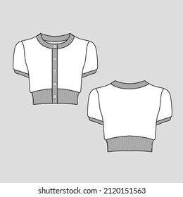 Womens Ribbed crop top button panel cuff rib  t shirt top blouse cad Flat Sketch technical drawing template design vector
