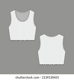 Womens Ribbed sleeveless Lettuce hem Crop Top  round neck vest tank top t shirt blouse flat sketch technical drawing template design vector