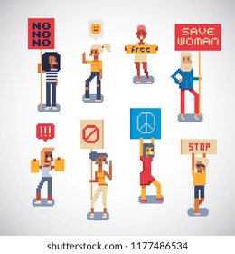 Women`s righ. Feminist demonstration pixel art characters a group of young women fighting for equality. Isolated vector illustration. Girls hold placats.