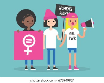 Women's right. Conceptual illustration. Feminist demonstration. A group of young women fighting for their rights / flat editable vector illustration, clip art
