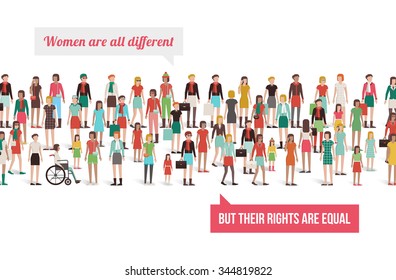 Women's rights banner, crowd of different women standing together, empowerment concept