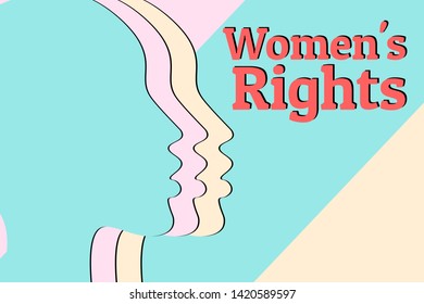 Women's rights concept background. Three silhouettes of female heads with pastel colors. Equality and feminism