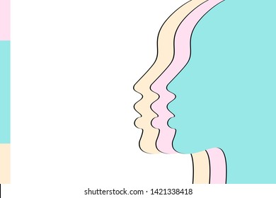 Women's rights concept background. Three silhouettes of female heads with pastel colors. Equality and feminism