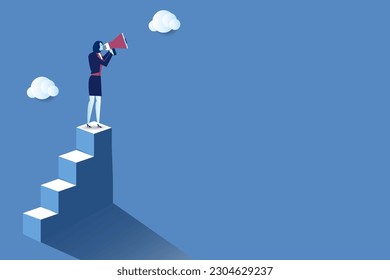 women's rights equal pay feminism gender gap and inequality in business  concept businesswoman with megaphone on the steps.vector illustration.