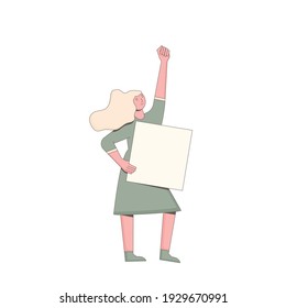 Women's rights fight. Female character holding placards isolated on white background. Person standing with blank. Young blond woman with banner taking part in parade, picket. Activism.