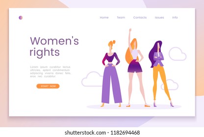 Womens rights, human rights, feminism, call for change, no violence, womens equality. Modern flat vector illustration with three determined young girls. Landing page template