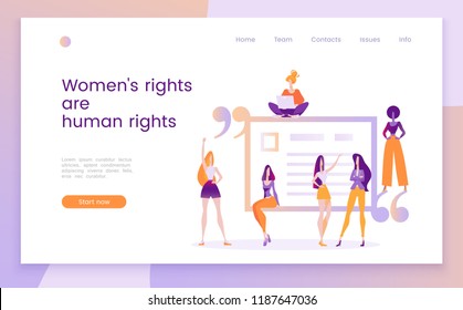 Womens rights, human rights, feminism, call for change, no violence, womens equality. Modern flat vector illustration with three determined young girls. Landing page template