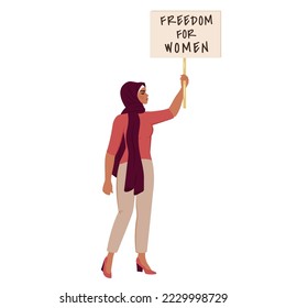 Women's rights. Iranian woman protest. Arabic woman in hijab and fashion clothes holding placard with teext. Concept of unity, freedom, discrimination. Muslim asian female character isolated. Vector 