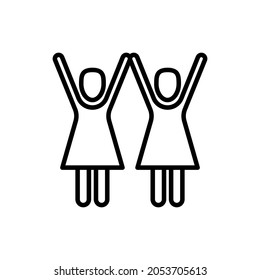 Women's rights thin line icon, two women with raised hands. Modern vector illustration.