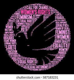 Women's Rights word cloud on a black background. 