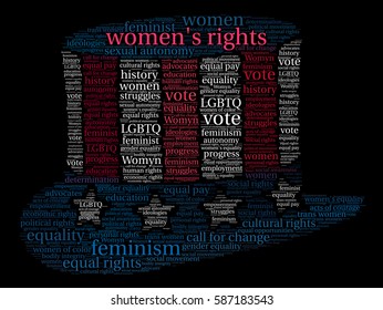 Women's Rights word cloud on a black background. 
