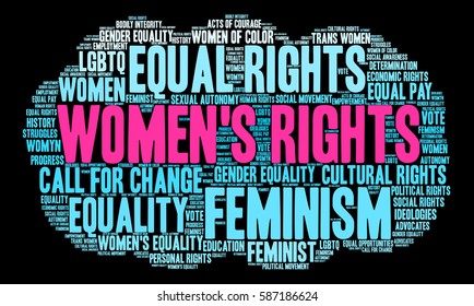 Women's Rights word cloud on a black background. 