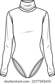 Women's Roll Neck Bodysuit. Technical fashion top illustration. Front, white color. Women's CAD mock-up.