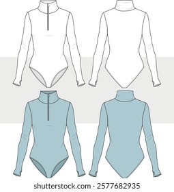 Women's roll Neck Bodysuit technical fashion illustration. Long Sleeve Bodysuit fashion flat technical drawing template, zipper, slim fit, front and back view, CAD mockup.