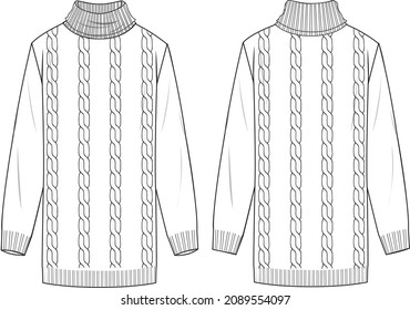 Women's Roll Neck, Cable Tunic. Tunic technical fashion illustration. Flat apparel tunic template front and back, white colour. Women's CAD mock-up.