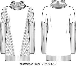 Women's Roll Neck, Cable Tunic. Tunic technical fashion illustration. Flat apparel tunic template front and back, white colour. Women's CAD mock-up.