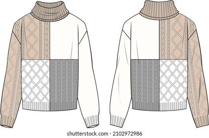 Women's Roll Neck, Patch Work, Cable Sweater- Sweater technical fashion illustration. Flat apparel sweater template front and back, colored. Women's CAD mock-up.