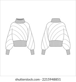Women's Roll Neck, Patch Work, Cable Sweater- Sweater technical fashion illustration. Flat apparel sweater template front and back, colored. Women's CAD mock-up.