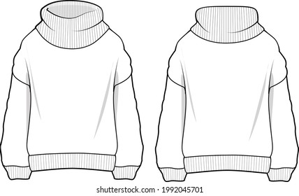 Women's Roll Neck Sweater. Sweater technical fashion illustration. Flat apparel sweater template front and back, white colour. Women's CAD mock-up.