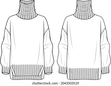 Women's Roll Neck Sweater- Sweater technical fashion illustration. Flat apparel sweater template front and back, white colour. Unisex CAD mock-up.