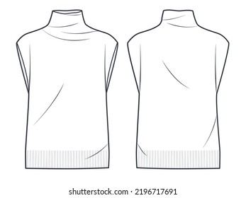 Women's Roll Neck Sweater Vest technical fashion illustration. Knitted Vest technical drawing template, front and back view, white colour, CAD mock-up.