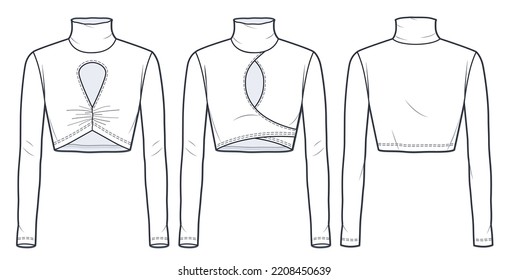 Women's Roll Neck Top, technical fashion illustration. Girl's Crop Top fashion flat technical drawing template, roll neck, long sleeve, cutouts, slim fit, wrapped, front, back view, white, CAD mocup.