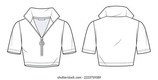 Cúpula de cuello de rollo femenino, ilustración técnica de moda. Planilla de dibujo técnico plano de moda recortada, manga corta, ajuste delgado, cierre de cremallera, vista frontal y trasera, blanco, conjunto de maquillaje CAD.