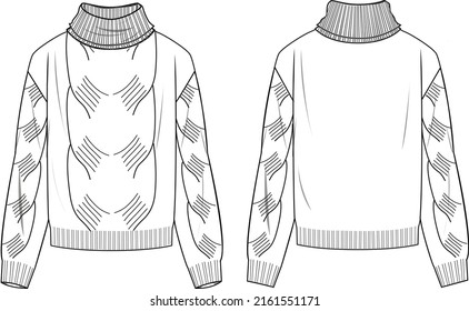 Saltador de cable Roll-Neck para mujeres. Ilustración de moda técnica de puente. Planilla de puente de ropa plana en la parte delantera y trasera, color blanco. Burla de CAD de mujeres.