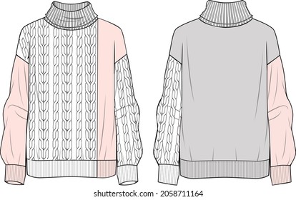 Women's Roll-Neck Colour-block Jumper. Jumper technical fashion illustration. Flat apparel jumper template front and back, colored. Women's CAD mock-up.