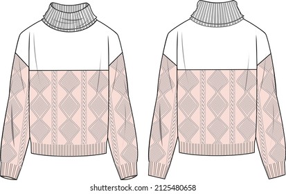 Frauenfarbenblock-Jumper mit Roll-Neck-Funktion. Jumper-Illustration zur technischen Mode. Flaches Bekleidungsjumper Vorder- und Rückseite, farbig. Das CAD-Modell für Frauen.
