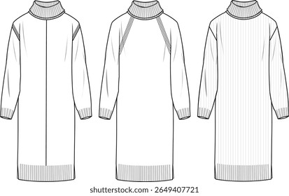 Women's Roll-Neck Knit Dresses. Technical fashion illustration. Front, white colour. Women's CAD mock-up.