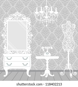 Women's Room In Vintage, Boudoir Style With Mannequin, Chandelier, Mirror, Table And Telephone