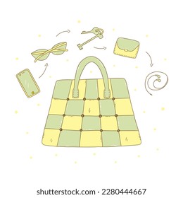 Womens roomy patchwork tote bag and things from it. Headphones and phone, wallet and keys, sunglasses. Green and yellow colors. Colorful vector isolated illustration hand drawn with contour