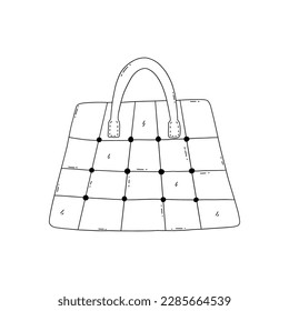 Las mujeres espaciosas patchwork tote bag. Dibujo aislado de vector blanco y negro dibujado a mano. Esquema de icono o tarjeta