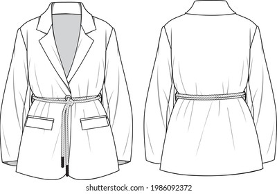 Chaqueta de Blazer Belted para mujeres. Ilustración técnica de la chaqueta. Plantilla de la chaqueta de ropa plana en la parte delantera y trasera, color blanco. Burla de CAD de mujeres.