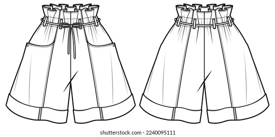 Womens rope belted paper bag waist shorts front and back view flat sketch fashion illustration drawing vector template