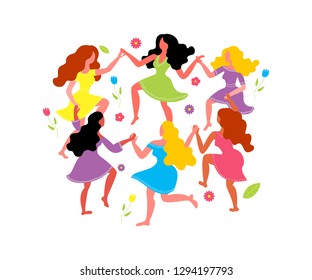 Women's round dance and flowers. Women dance in circles, holding hands. Vector illustration for women's day.