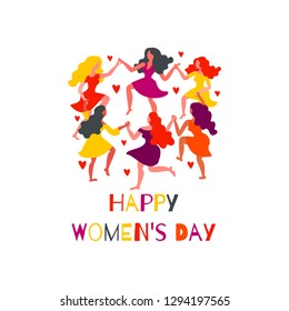 Women's round dance and hearts. Women dance in circles, holding hands. Illustration for women's day.