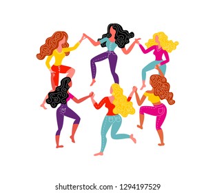 Women's round dance. Six women hold hands. Vector illustration on March 8th. Card for Women's Day.