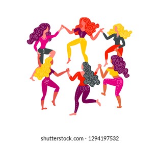 Women's round dance. Six women hold hands. Vector illustration on March 8th. Card for Women's Day.