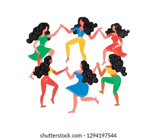 Women's round dance. Six women hold hands. Vector illustration on March 8th. Card for Women's Day.