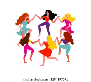 Women's round dance. Six women hold hands. Vector illustration on March 8th. Card for Women's Day.