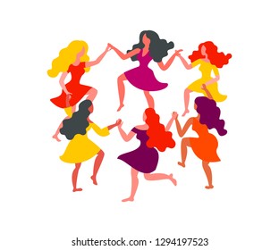 Women's round dance. Women with long hair and dresses hold hands. Vector illustration on March 8th. Card for International Women's Day.