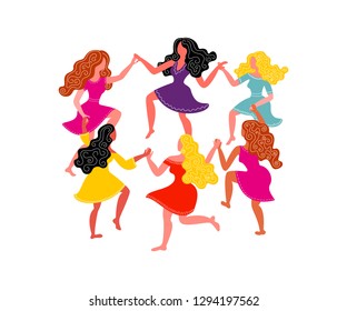 Women's round dance. Women with long hair and dresses hold hands. Vector illustration on March 8th. Card for International Women's Day.