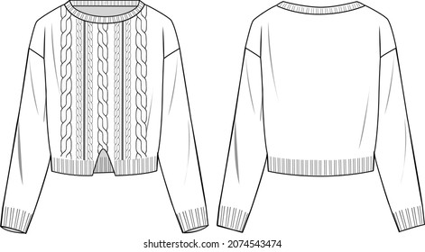 Women's Round Neck, Cable, Crop, Split Front Knit Sweater - Sweater technical fashion illustration. Flat apparel sweater template front and back, white color. Women's CAD mock-up.