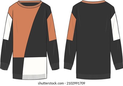 Women's Round Neck, Colour-block Tunic. Tunic technical fashion illustration. Flat apparel tunic template front and back, colored. Women's CAD mock-up.