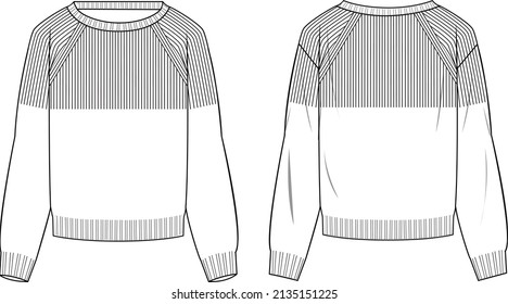 Women's Round Neck, Half Stitch Sweater- Sweater technical fashion illustration. Flat apparel sweater template front and back, white colour. Women's CAD mock-up.