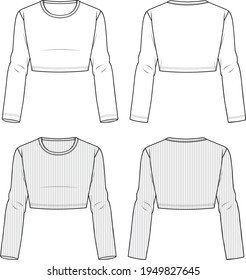 Women's Round Neck, Long Sleeve Crop Rib-Knit Top. Jersey top technical fashion illustration. Flat apparel top template front and back, white color. Women's CAD mock-up.