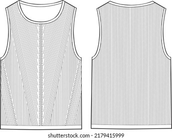 Women's Round Neck Rib Knit Vest Top- Top technical fashion illustration. Flat apparel top  template front and back, white colour. Women's CAD mock-up.