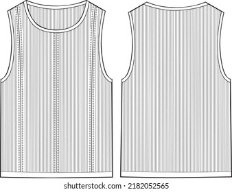 Women's Round Neck Rib Knit Vest Top- Top technical fashion illustration. Flat apparel top template front and back, white color. Women's CAD mock-up.